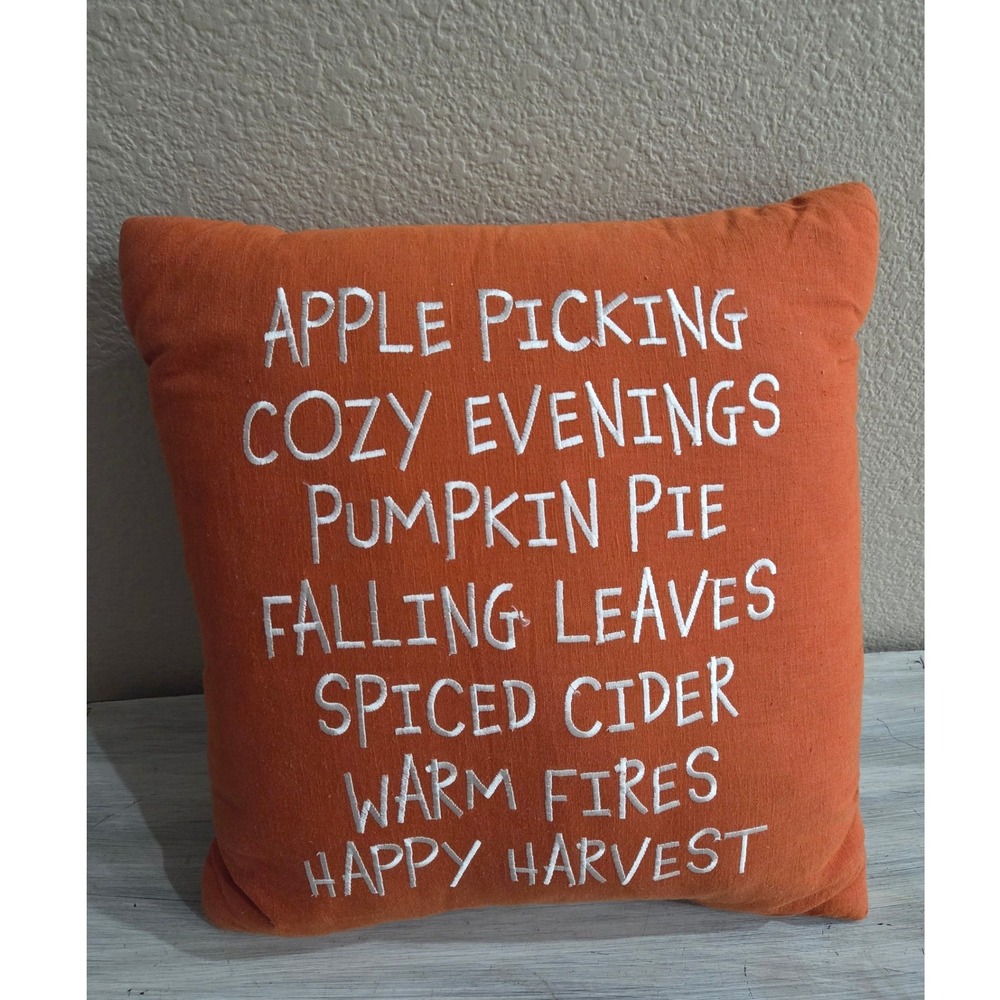Fall Harvest Embroidered Throw Pillow Burnt Orange Autumn Decorative Accent